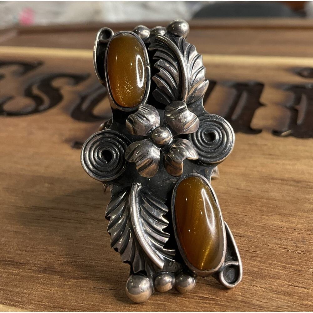 Esperanza Mexico 925 Sterling Silver Goldstone Ring Floral Adjustable Size 7.5